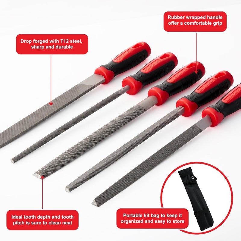 Max Power 10-inch Metal File Set, 5 Pieces Hand Files Including Flat, Round, Half-Round, Triangle and Square, Soft Grip Handle, File Set for Wood, Metal Work and DIY - Image 4